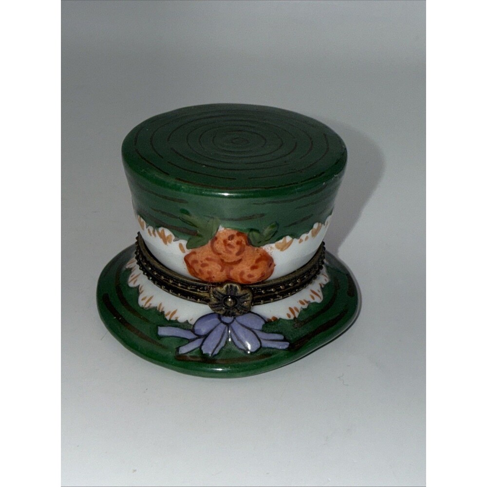 Limoges Style Trinket Box Green Hat Floral Brim Purple Bow Ganz